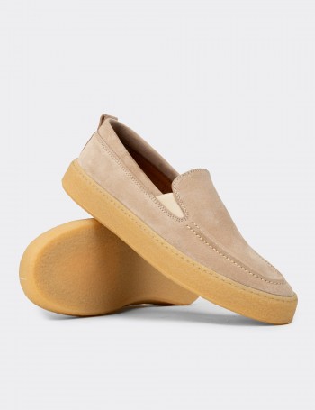 Erkek Hakiki Süet Bej Loafer Ayakkabı - 02047MBEJC01