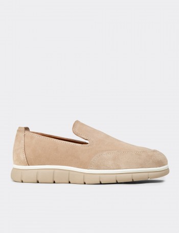 Erkek Hakiki Süet Bej Loafer Ayakkabı - 02044MBEJE01