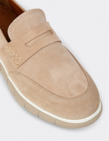 Erkek Bej Hakiki Süet Loafer Ayakkabı - 02045MBEJE01
