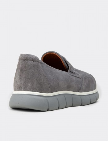Erkek Gri Hakiki Süet Loafer Ayakkabı - 02045MGRIE01