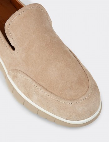 Erkek Hakiki Süet Bej Loafer Ayakkabı - 02044MBEJE01