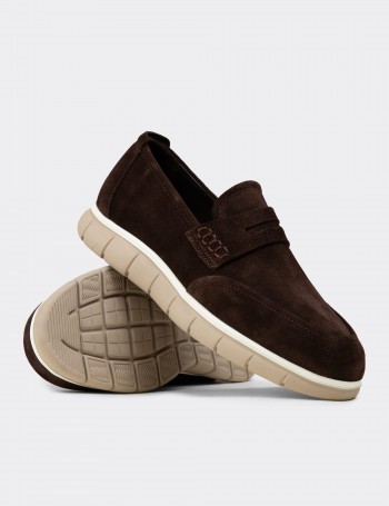 Erkek Hakiki Süet Kahverengi Loafer Ayakkabı - 02045MKHVE02