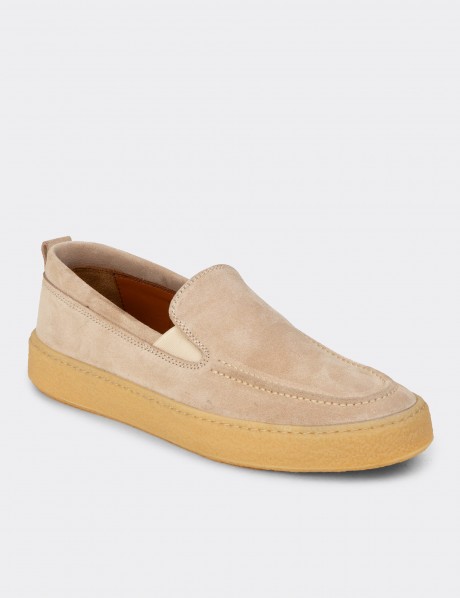 Erkek Hakiki Süet Bej Loafer Ayakkabı