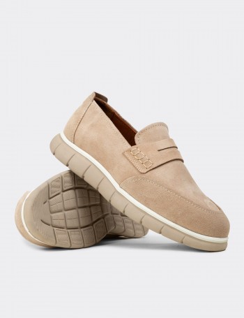 Erkek Bej Hakiki Süet Loafer Ayakkabı - 02045MBEJE01