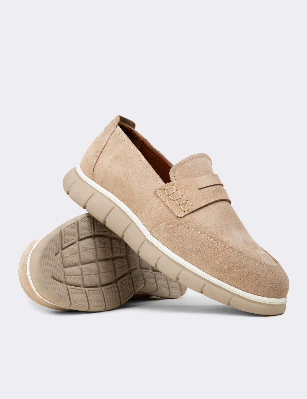 Erkek Bej Hakiki Süet Loafer Ayakkabı - 02045MBEJE01