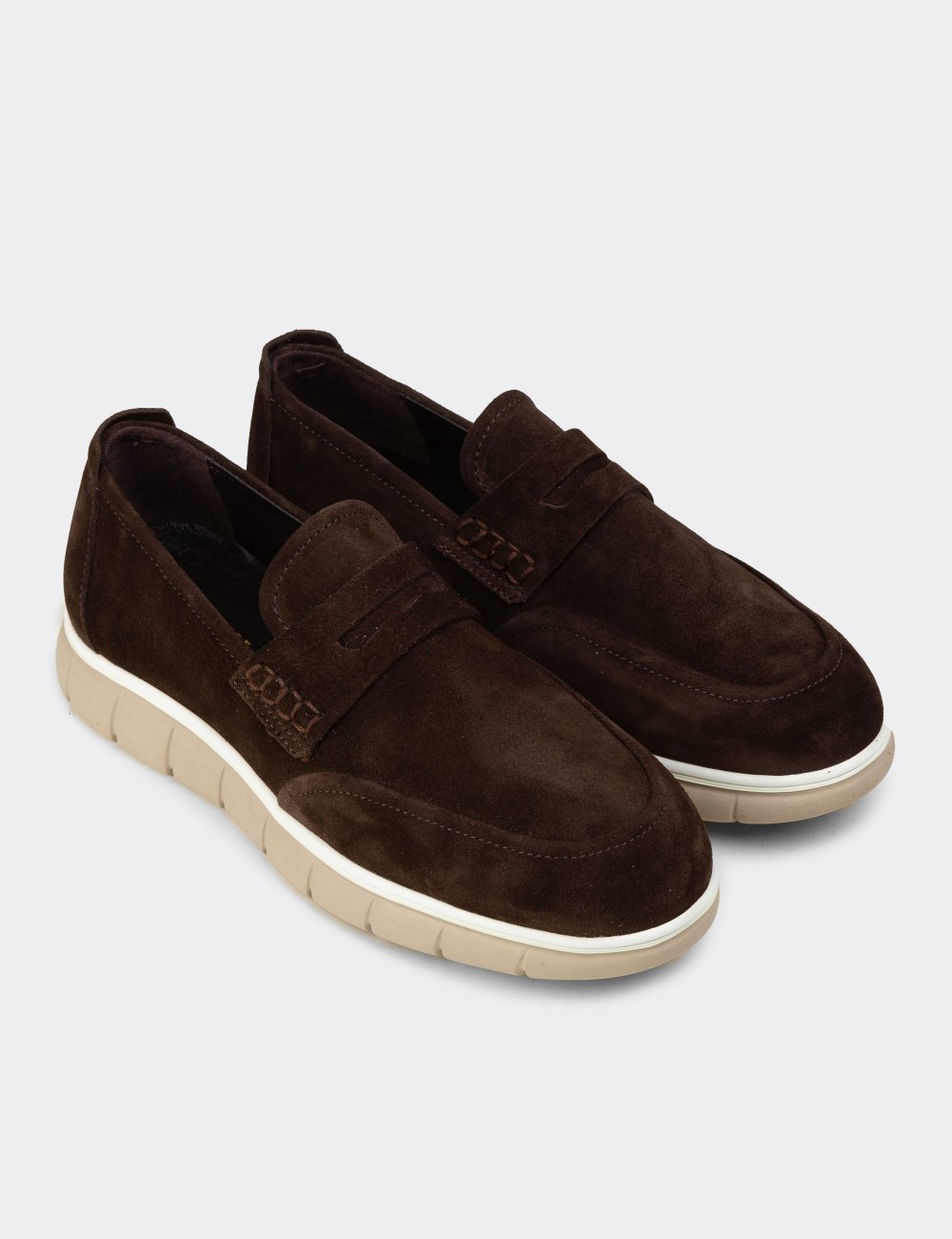 Erkek Hakiki Süet Kahverengi Loafer Ayakkabı - 02045MKHVE02