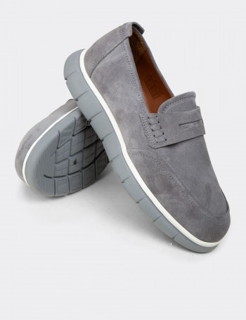 Erkek Gri Hakiki Süet Loafer Ayakkabı - 02045MGRIE01