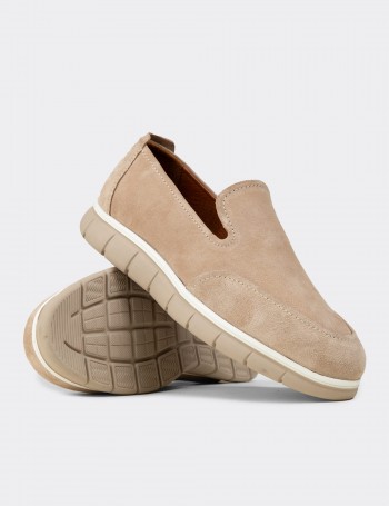 Erkek Hakiki Süet Bej Loafer Ayakkabı - 02044MBEJE01