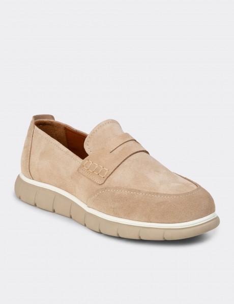 Erkek Bej Hakiki Süet Loafer Ayakkabı