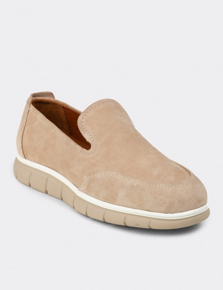 Erkek Hakiki Süet Bej Loafer Ayakkabı