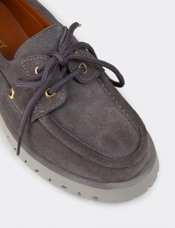 Kadın Hakiki Süet Gri Marin Loafer - 02036ZGRIC01