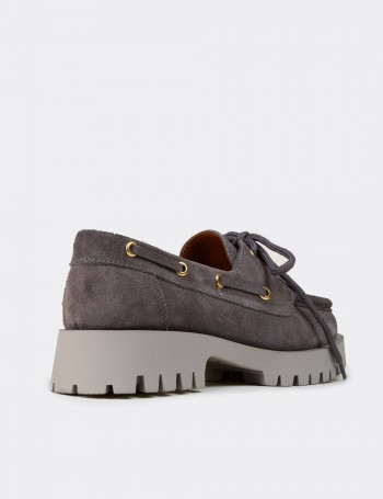 Kadın Hakiki Süet Gri Marin Loafer - 02036ZGRIC01