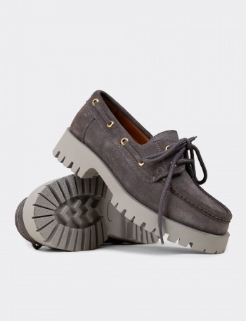 Kadın Hakiki Süet Gri Marin Loafer - 02036ZGRIC01