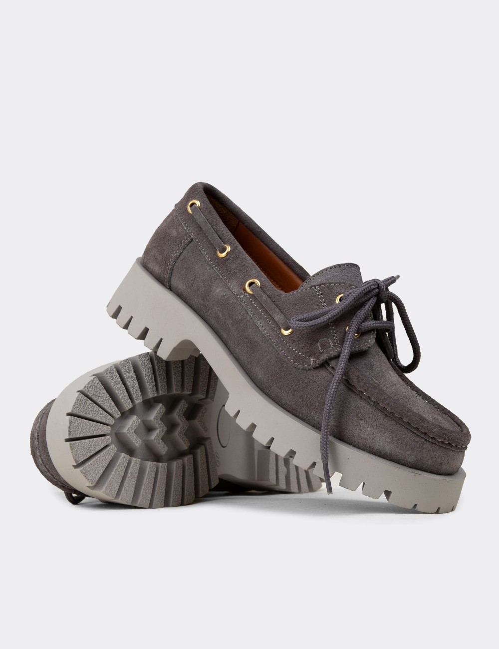 Kadın Hakiki Süet Gri Marin Loafer - 02036ZGRIC01