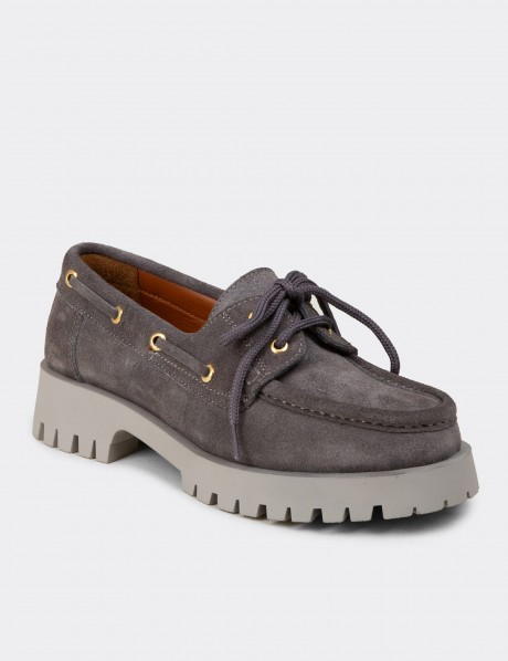 Kadın Hakiki Süet Gri Marin Loafer