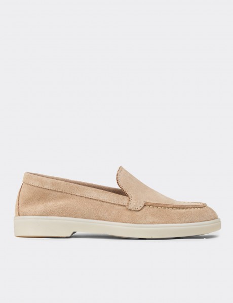 Kadın Hakiki Süet Bej Loafer Ayakkabı