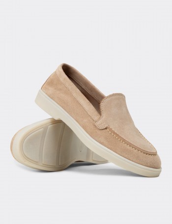 Kadın Hakiki Süet Bej Loafer Ayakkabı - 02039ZBEJC01