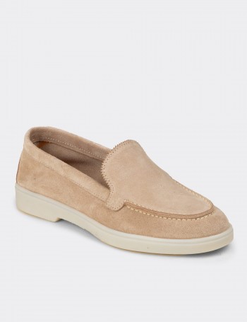 Kadın Hakiki Süet Bej Loafer Ayakkabı