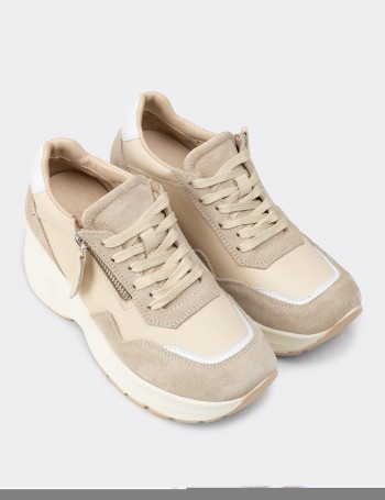 Kadın Hakiki Süet Bej Dolgu Topuk Sneaker