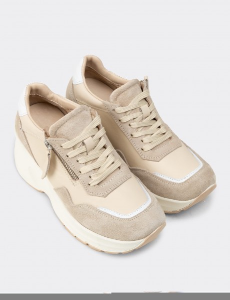Kadın Hakiki Süet Bej Dolgu Topuk Sneaker