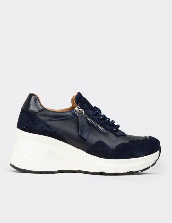 Kadın Hakiki Süet Lacivert Dolgu Topuk Sneaker