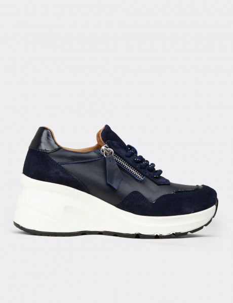 Kadın Hakiki Süet Lacivert Dolgu Topuk Sneaker