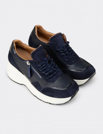 Kadın Hakiki Süet Lacivert Dolgu Topuk Sneaker