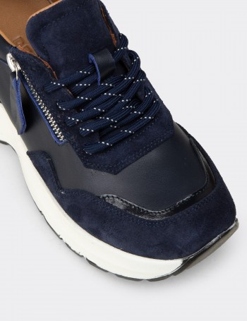 Kadın Hakiki Süet Lacivert Dolgu Topuk Sneaker - M9147ZLCVC01