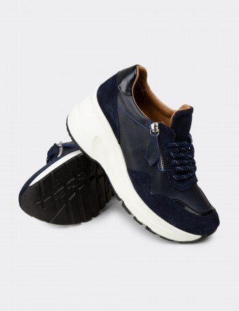 Kadın Hakiki Süet Lacivert Dolgu Topuk Sneaker - M9147ZLCVC01