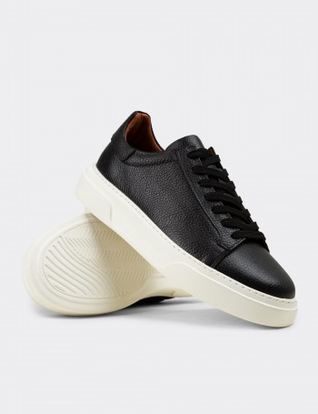 Erkek Siyah Hakiki Deri Sneaker Ayakkabı - 04651MSYHE01