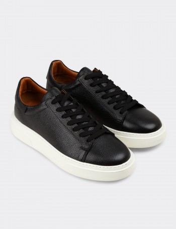 Erkek Siyah Hakiki Deri Sneaker Ayakkabı - 04651MSYHE01