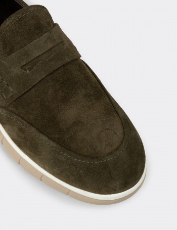 Erkek Hakiki Süet Yeşil Loafer Ayakkabı - 02044MYSLE01