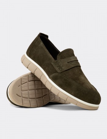Erkek Hakiki Süet Yeşil Loafer Ayakkabı - 02044MYSLE01