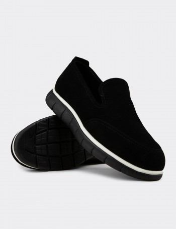 Erkek Hakiki Süet Siyah Loafer Ayakkabı - 02044MSYHE01