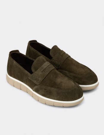 Erkek Hakiki Süet Yeşil Loafer Ayakkabı - 02044MYSLE01