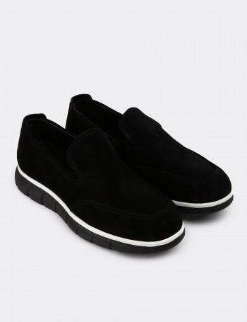 Erkek Hakiki Süet Siyah Loafer Ayakkabı - 02044MSYHE01