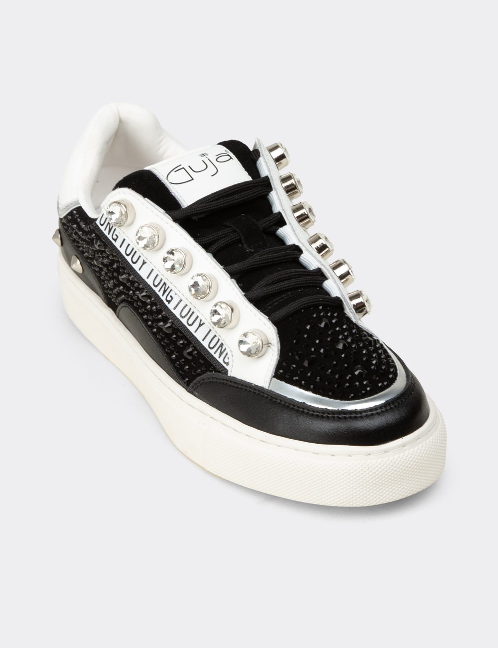 Kadın Hakiki Süet Siyah Taş Detaylı Sneaker - 26273ZSYHC01