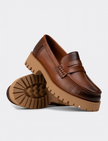 Kadın Hakiki Deri Taba Rengi Loafer Ayakkabı - 02034ZTBAC02