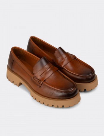 Kadın Hakiki Deri Taba Rengi Loafer Ayakkabı - 02034ZTBAC02
