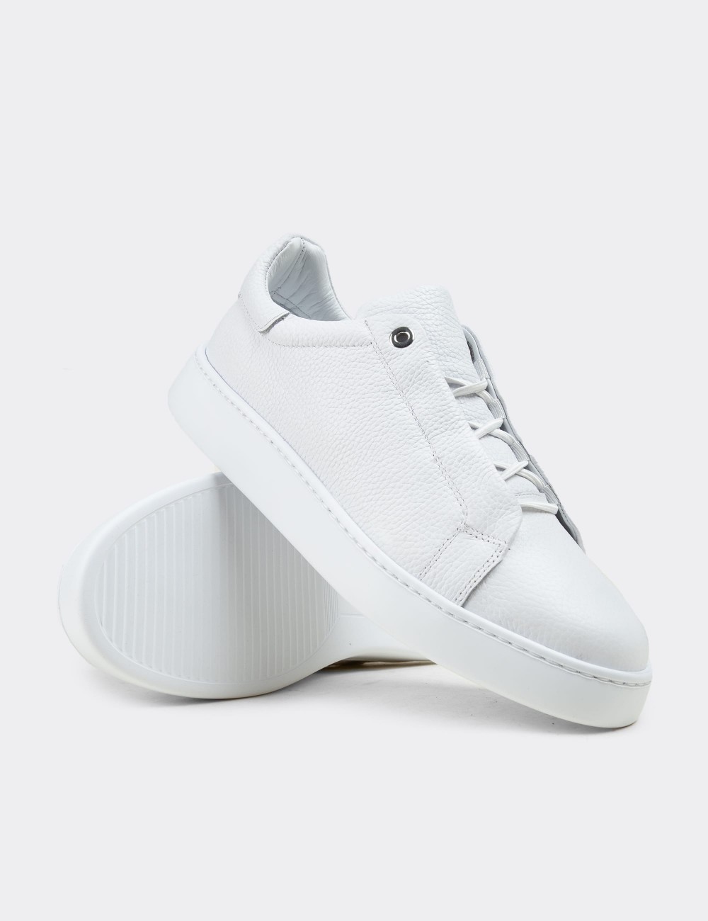 Erkek Hakiki Deri Beyaz Gizli Bağcıklı Sneaker Ayakkabı - 04444MBYZE01