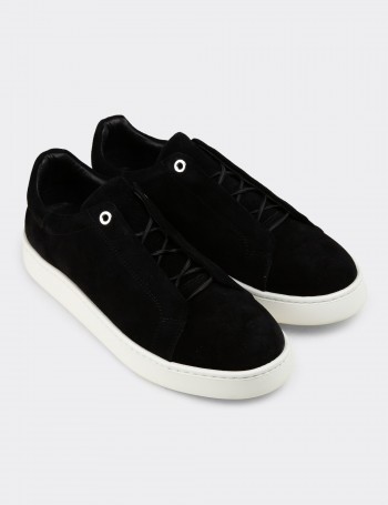 Erkek Hakiki Süet Siyah Gizli Bağcıklı Sneaker Ayakkabı - 04444MSYHE01