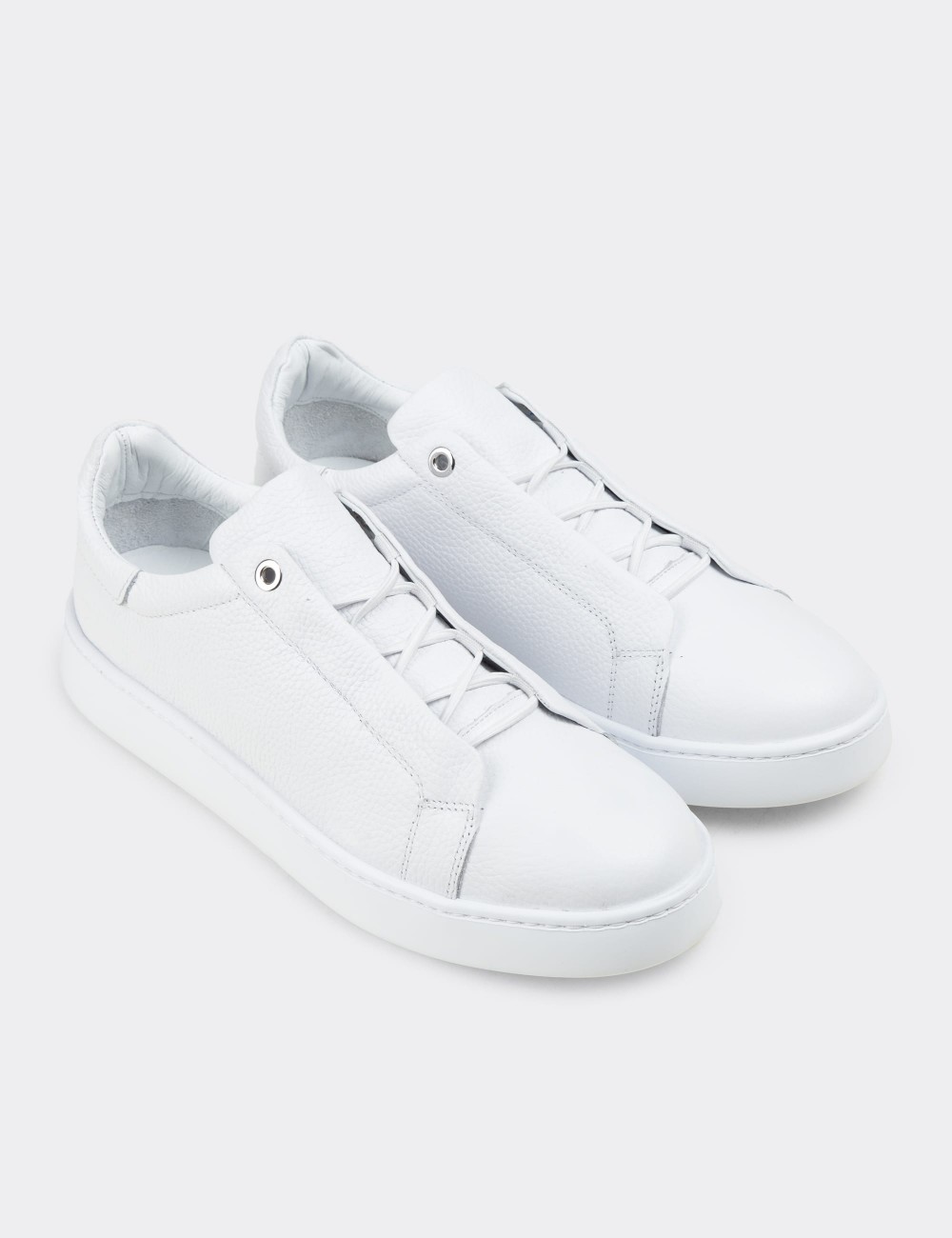 Erkek Hakiki Deri Beyaz Gizli Bağcıklı Sneaker Ayakkabı - 04444MBYZE01