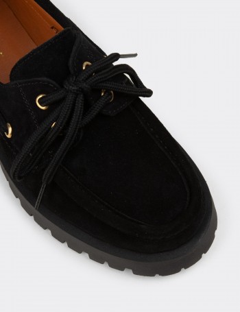Kadın Hakiki Süet Siyah Marin Loafer - 02036ZSYHC01