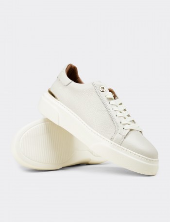 Kadın Hakiki Deri Ekru Sneaker Ayakkabı - 00502ZEKRE01
