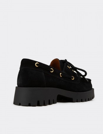 Kadın Hakiki Süet Siyah Marin Loafer - 02036ZSYHC01