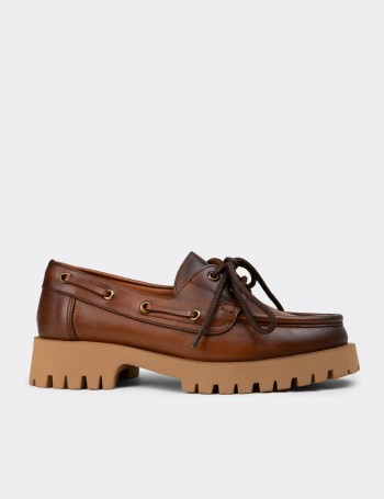 Kadın Hakiki Deri Taba Renk Marin Loafer - 02036ZTBAC02