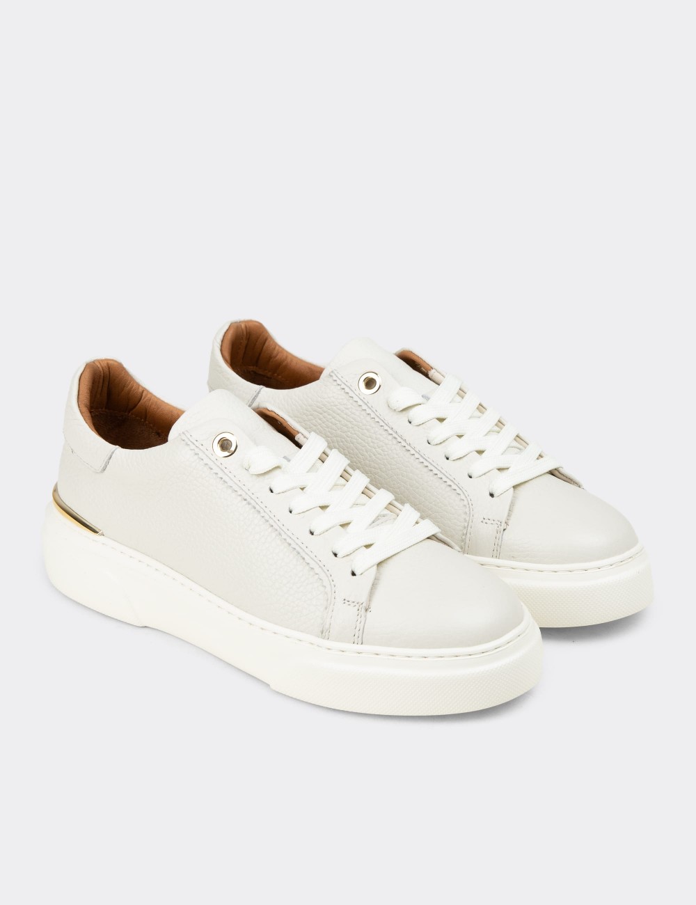 Kadın Hakiki Deri Ekru Sneaker Ayakkabı - 00502ZEKRE01