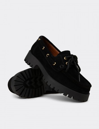 Kadın Hakiki Süet Siyah Marin Loafer - 02036ZSYHC01