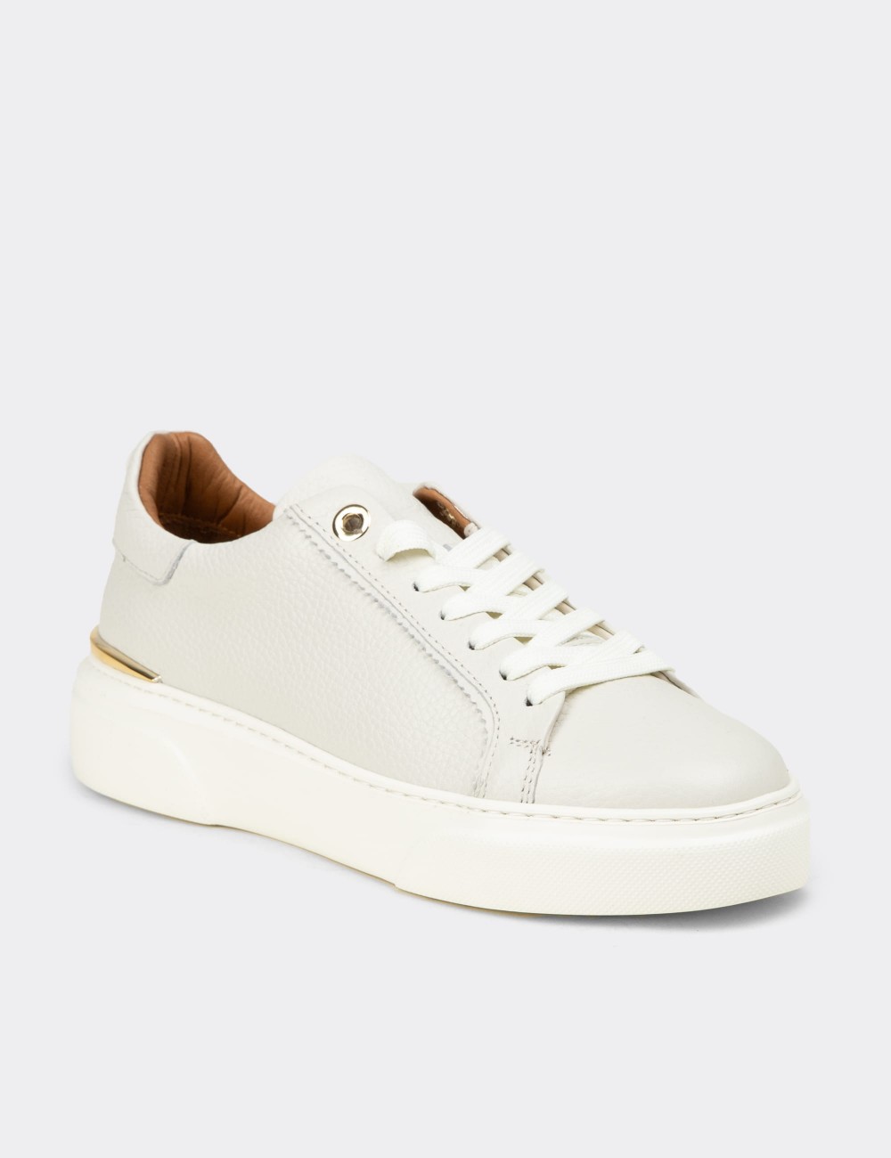 Kadın Hakiki Deri Ekru Sneaker Ayakkabı - 00502ZEKRE01