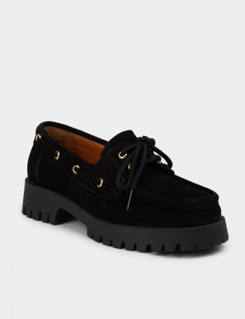 Kadın Hakiki Süet Siyah Marin Loafer